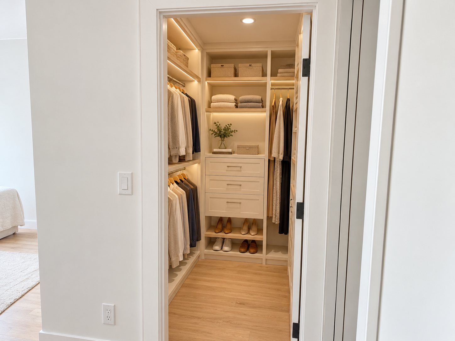 Walk-in closet with built-in shelving, drawers and lighting