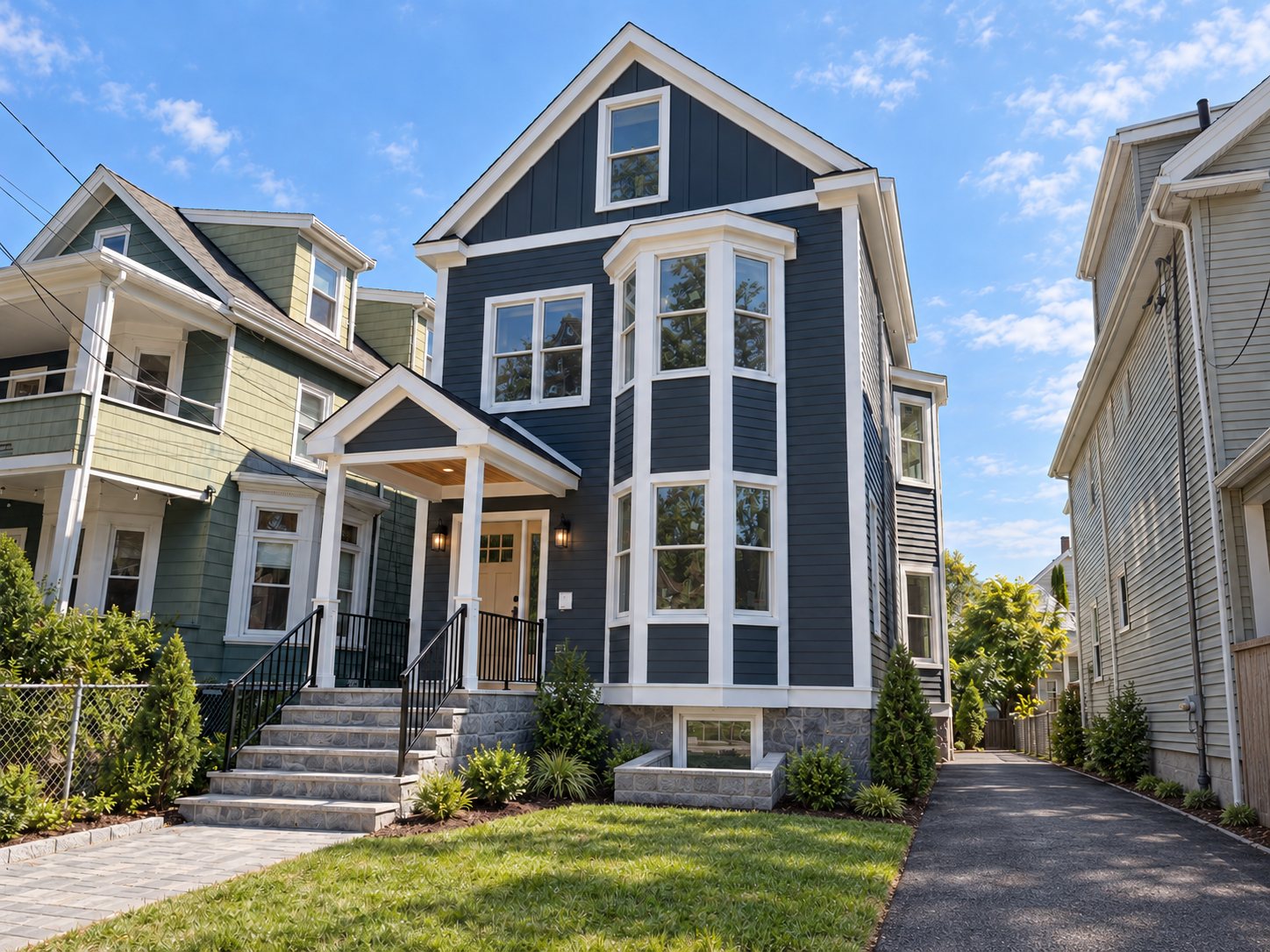Front exterior of 75 School Street: a new navy two-residence home with white trim, a bay window and stone front steps