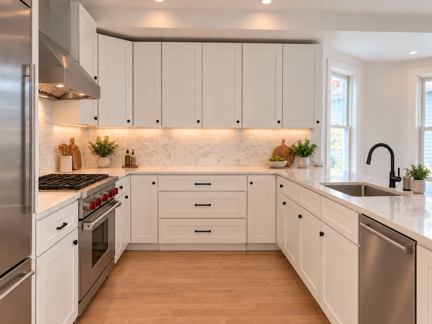 Thermador gas range with a marble tile backsplash and under-cabinet lighting