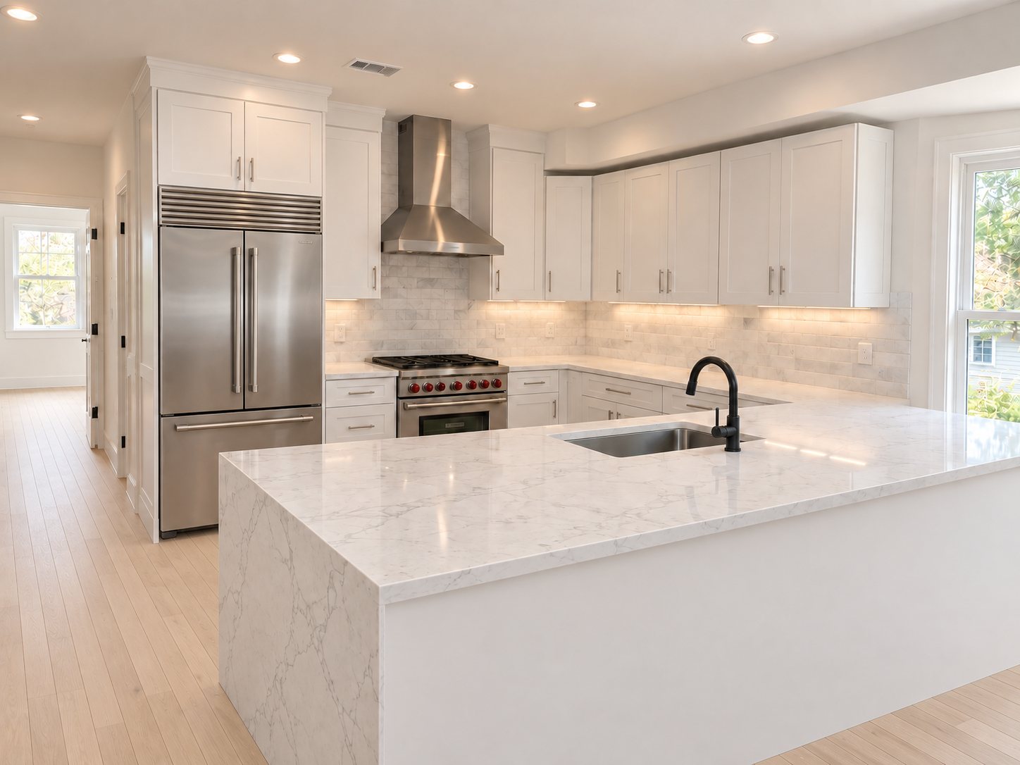 Kitchen with a waterfall quartz peninsula, white shaker cabinets and stainless appliances