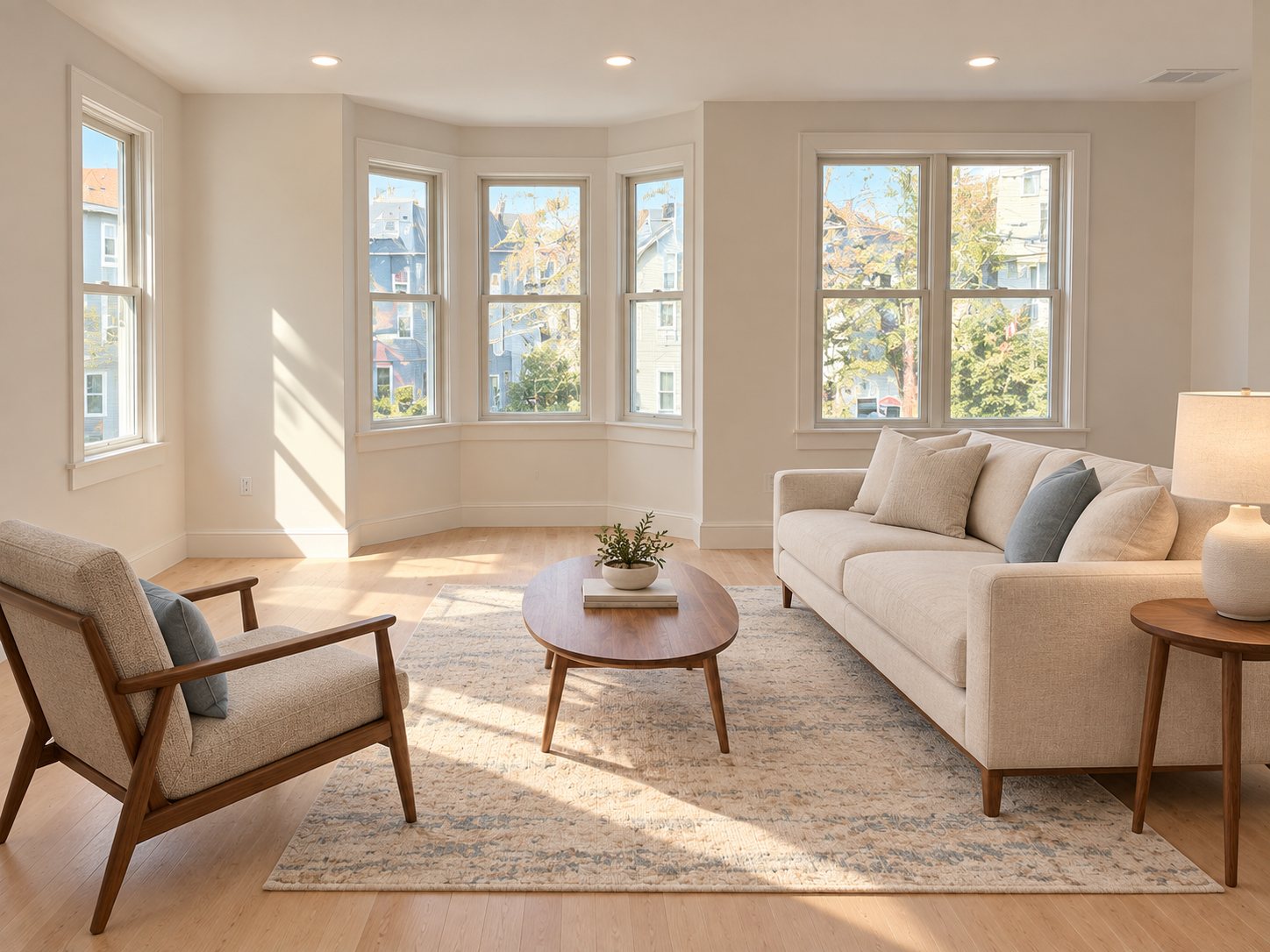 Sunlit living room with a three-window bay and oak floors