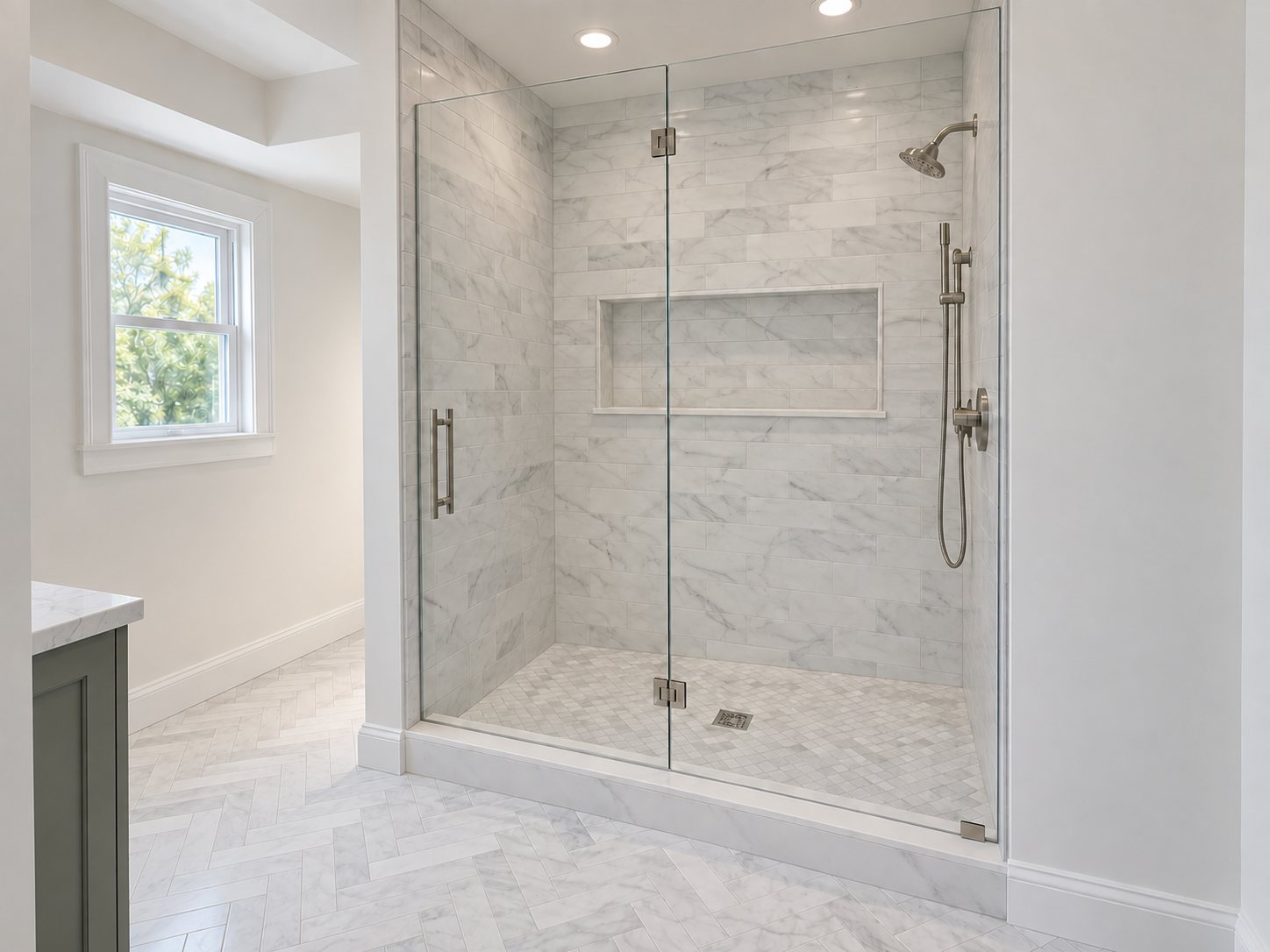 Primary bath with a frameless glass shower, marble tile and a herringbone marble floor