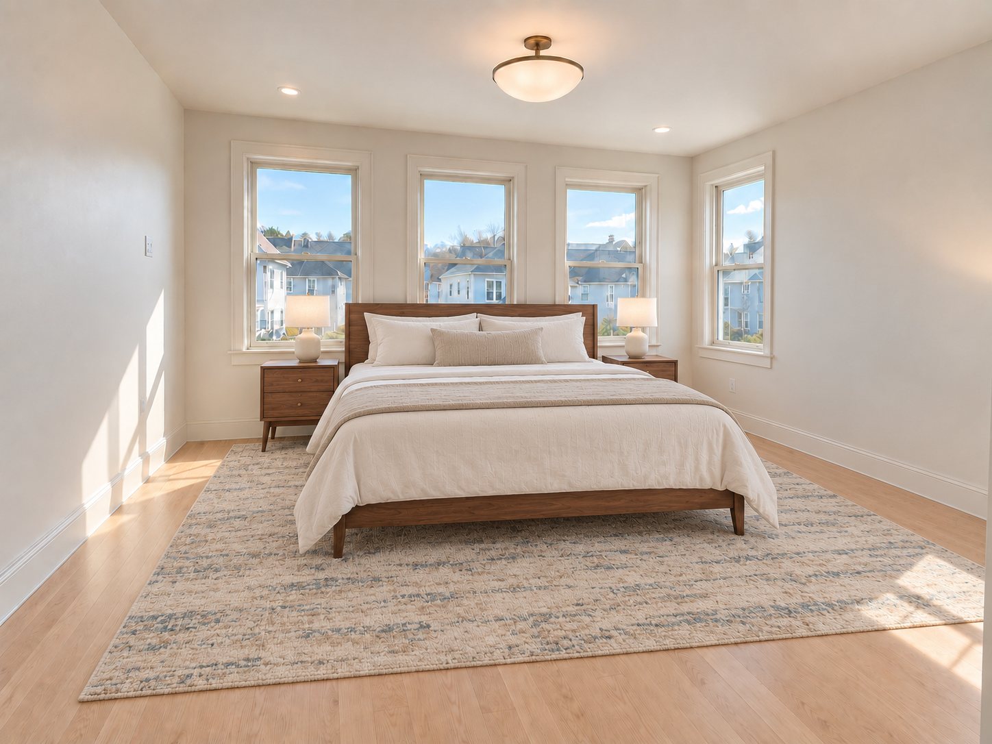 Primary bedroom with three tall windows and oak floors