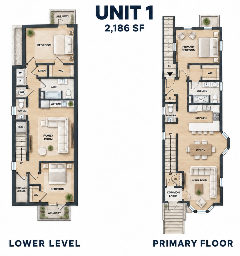 Unit 1 floor plans. Lower level: two bedrooms, family room, wet bar, full bath, powder room and laundry. Primary floor: primary bedroom with ensuite and walk-in closet, kitchen, dining, living room and powder room.
